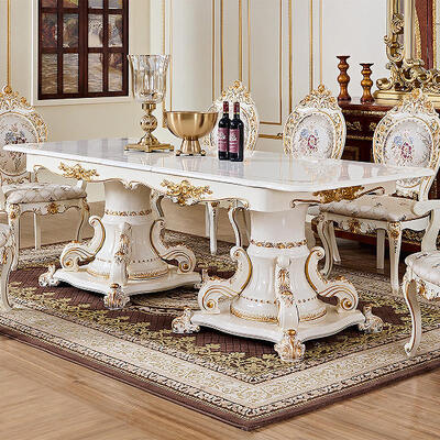 French Royal Luxury White Wooden Dining Table Set 6 Seater Chairs Villa Furniture European Classic Large Wood Dining Room Sets