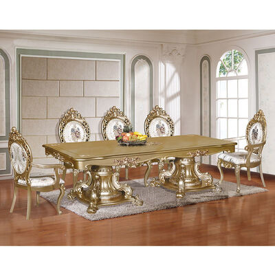 Classic Gold Wooden Luxury Dining Table Set 6 Seater Chairs European Style Antique Home Large Wood Dining Room Sets Furniture