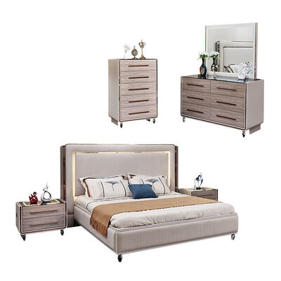 King Size LED Headboard Luxury Leather Bed Bedroom Sets Wooden Frame Modern Home Room Doubhle Complete Bedroom Furniture Set