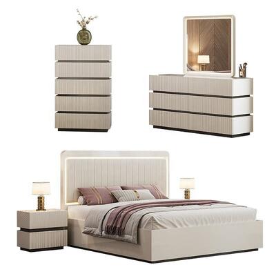 Modern Luxury king Size Bedroom Sets Double Bed LED Headboard Hotel Home Master Room Complete Wooden Bedroom Furniture Set