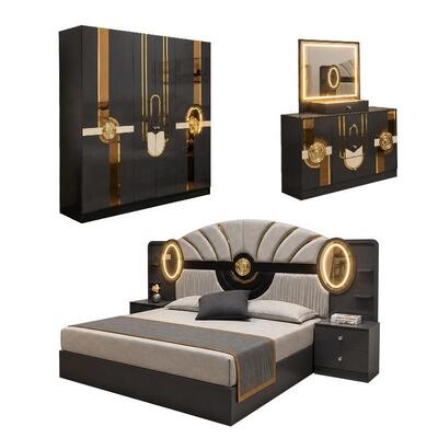 Turkish Royal Luxury Complete Bedroom Sets king Size Bed Room Suite Lighted Headboard Wooden Frame Modern Bedroom Furniture Set