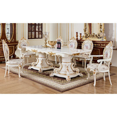French Royal Luxury White Wooden Dining Table Set 6 Seater Chairs Villa Furniture European Classic Large Wood Dining Room Sets