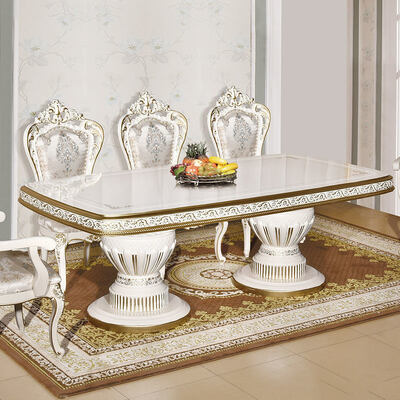 White Antique Classic Wooden Dining Table Set 6 Chairs Seater European Royal Large Wood Luxury Home Dining Room Sets Furniture