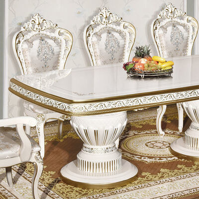 White Antique Classic Wooden Dining Table Set 6 Chairs Seater European Royal Large Wood Luxury Home Dining Room Sets Furniture