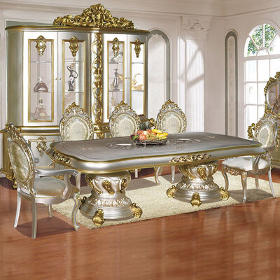 Antique Classic Wooden Luxury Dining Room Sets Furniture Complete European Vintage Gold Large Wood Dining Table Set 6 Seater