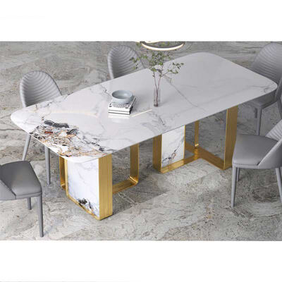Italian Design Modern Metal Dinning Table and Chair Set Home Furniture Dining Room Marble Slate Luxury Dining Table