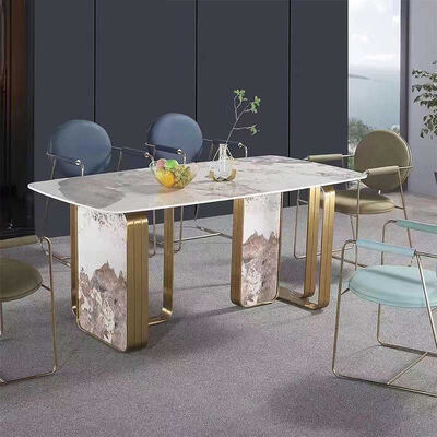 Italian Design Modern Metal Dinning Table and Chair Set Home Furniture Dining Room Marble Slate Luxury Dining Table