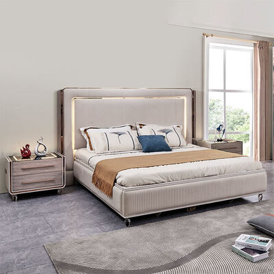 King Size LED Headboard Luxury Leather Bed Bedroom Sets Wooden Frame Modern Home Room Doubhle Complete Bedroom Furniture Set