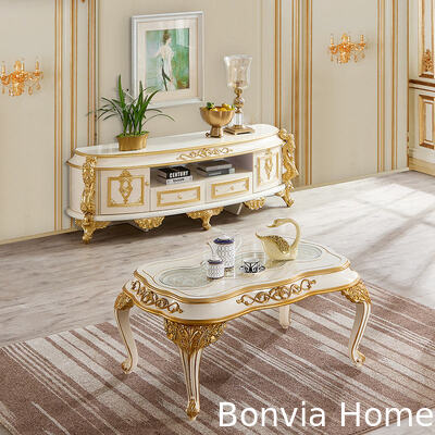 European Classic Style Royal Luxury TV Cabinet Villa Furniture Home Storage White and Gold Large Wood Living Room TV Stand