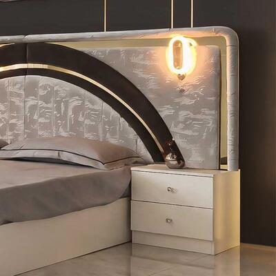 Modern Luxury White Gold Complete Bedroom Sets High Gloss LED Headboard King Size Bed Wooden Frame Master Bedroom Furniture Set