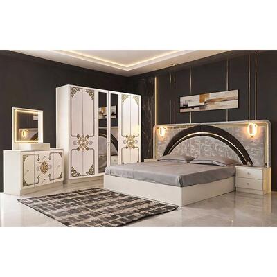 Modern Luxury White Gold Complete Bedroom Sets High Gloss LED Headboard King Size Bed Wooden Frame Master Bedroom Furniture Set