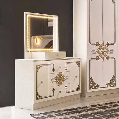 Modern Luxury White Gold Complete Bedroom Sets High Gloss LED Headboard King Size Bed Wooden Frame Master Bedroom Furniture Set