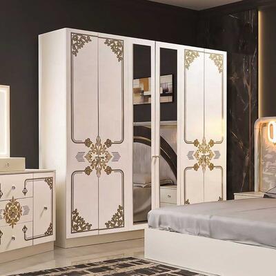 Modern Luxury White Gold Complete Bedroom Sets High Gloss LED Headboard King Size Bed Wooden Frame Master Bedroom Furniture Set