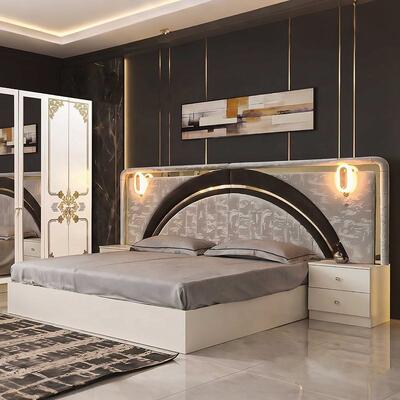 Modern Luxury White Gold Complete Bedroom Sets High Gloss LED Headboard King Size Bed Wooden Frame Master Bedroom Furniture Set