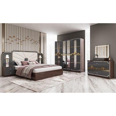 Modern Luxury Bedroom Furniture Set Wooden Frame High Gloss Grey King Size Bed Master Room Suite Turkish Bedroom Sets Furniture