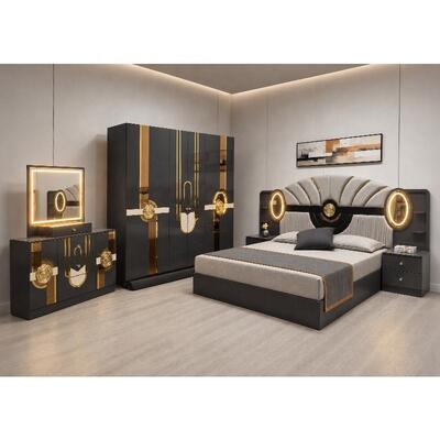 Turkish Royal Luxury Complete Bedroom Sets king Size Bed Room Suite Lighted Headboard Wooden Frame Modern Bedroom Furniture Set