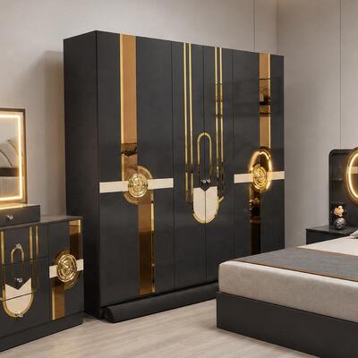 Turkish Royal Luxury Complete Bedroom Sets king Size Bed Room Suite Lighted Headboard Wooden Frame Modern Bedroom Furniture Set