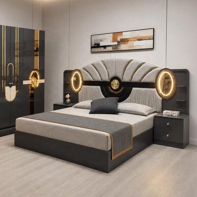 Turkish Royal Luxury Complete Bedroom Sets king Size Bed Room Suite Lighted Headboard Wooden Frame Modern Bedroom Furniture Set