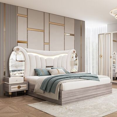 King Size Modern Bedroom Furniture Set Luxury Lighted Headboard Double Bed Set Wooden Frame Full Turkish Home Master Bedroom Set
