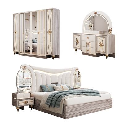 King Size Modern Bedroom Furniture Set Luxury Lighted Headboard Double Bed Set Wooden Frame Full Turkish Home Master Bedroom Set