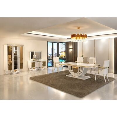 White Gold Luxury Dining Room Furniture Modern Dining Table Set 6 Seater Chairs Rectangle Home Restaurant Wooden Dining Room Set