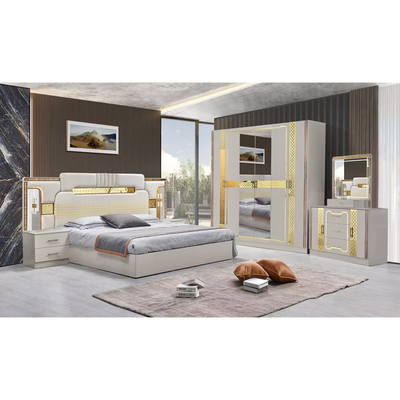 Turkish Luxury Style Wooden Frame King Size Bed Set Led Headboard Modern Classic Full Home Wood Bedroom Sets Furniture