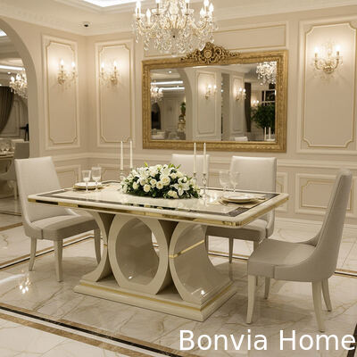 White Luxury Wooden Dining Table and Chairs Set 6 Seater Home Furniture Dining Room Dining Table with Sideboard Wine Cabinet