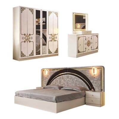 Modern Luxury White Gold Complete Bedroom Sets High Gloss LED Headboard King Size Bed Wooden Frame Master Bedroom Furniture Set